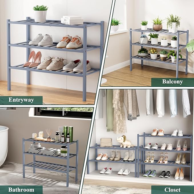 Smiry Shoe Rack, 2 Tier Bamboo Shoe Organizer, Stackable Free Standing Wooden Shoe Storage Shelf for Closet, Entryway, Front Door Entrance, Grey
