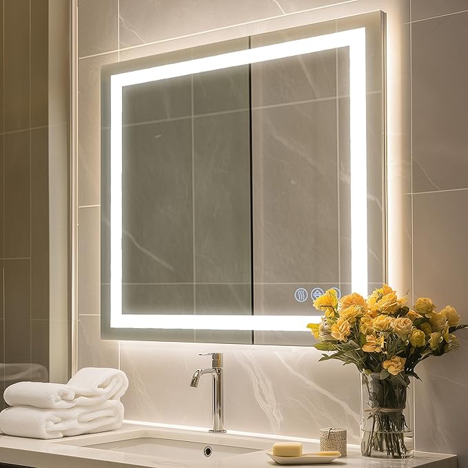 Antok 36"x 36" LED Bathroom Mirror with Lights, Anti-Fog, Dimmable, Lighted Vanity Mirror with Tempered Glass, Memory Function, 3 Light Modes, Safe Use, Horizontal, Vertical