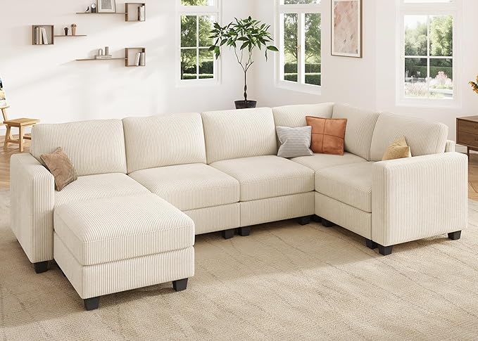 HONBAY U-Shaped Corduroy Sectional Couch with 6 Seaters Modular Sectional Sofa with Storage Ottoman Sectional Couches for Living Room, Beige