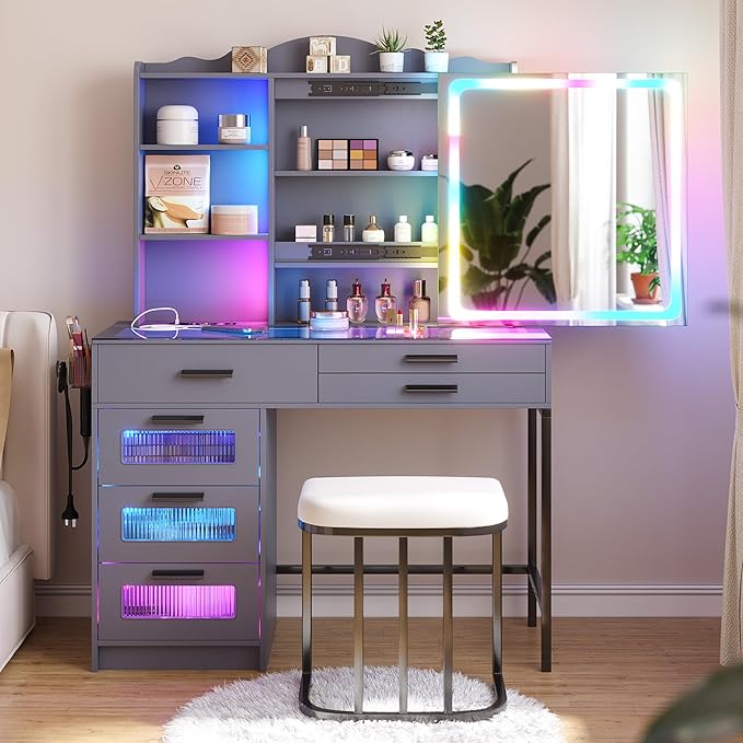 HENBC Vanity Desk with Sliding Mirror and Glass Desktop, LED Vanitys Mirror with RGB Lights Desk and Chair, Dressers Table Set with Charging Station/Makeup Organizer/6 Drawers for Bedroom(Grey)