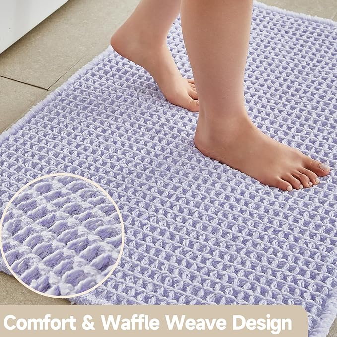 Waffle Bath Mat, Boho Bathroom Rugs Non Slip Washable Super Absorbent Quick Dry Cute Bath Mat Farmhouse Bathroom Decor, 24''x16'' Lavender Cream