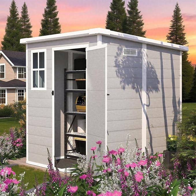 6x6 FT Outdoor Storage Resin Shed with Floor, Waterproof Plastic Garden Tool Shed with Windows, Vents & Lockable Door and Sloped Roof, Easy to Assemble Bike Shed for Patio, Backyard, Lawn, White+Gray