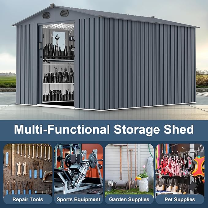 8x10 FT Outdoor Storage Shed, Metal Garden Shed with Window, Outside Tool Sheds with Lockable Sliding Doors, Waterproof Storage Building with 4 Air Vents for Backyard, Patio, Lawn, Dark Gray