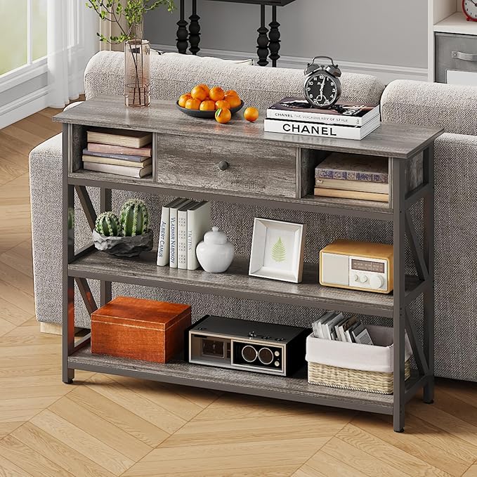 Mexin 39 Inch Console Sofa Table with Drawer, Entryway Table with Storage Shelves, Industrial Wood Hallway Table for Living Room, Couch, Foyer, Kitchen Counter, Grey Oak