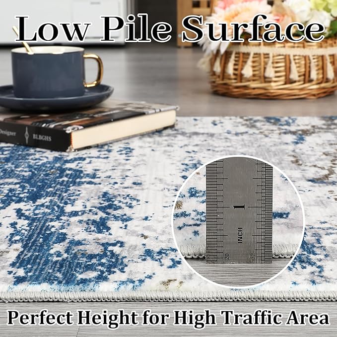 2x6 Modern Abstract Runner Rug Non Slip Soft Machine Washable Stain Resistant Rugs Low Pile Non Shed Rug for Hallway Kitchen Bathroom, Navy