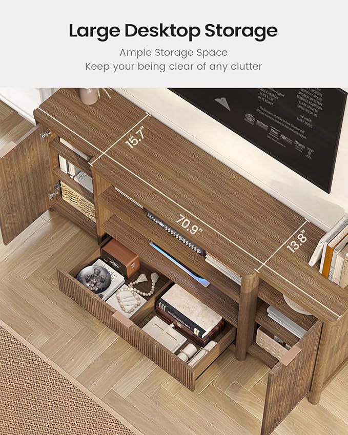 AOGLLATI Fluted TV Stand for Living Room, 71” Heavy-Duty TV Console Cabinet with Storage and Shelf, Mid Century Modern Television Stands with Drawers for 60/65/70/75/80 TV, Wood (Wood)