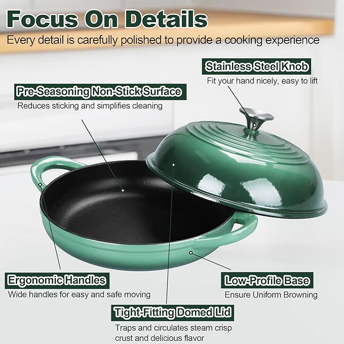 TeamFar Cast Iron Bread Dutch Oven, 6 Qt Enameled Dutch Oven Pot for Sourdough Bread Baking, with Tall Dome Lid & Round Base Pan, Self-Basting & Even-Heating, Heavy-Duty & Non-stick, Dark Green