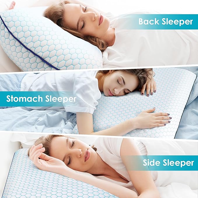 Memory Foam Pillows for Side, Back and Stomach Sleepers, Set of 2, Bed Pillow with Washable Cover and Breathable Mesh, Bed Pillow for Sleeping (Blue，Standard Size)