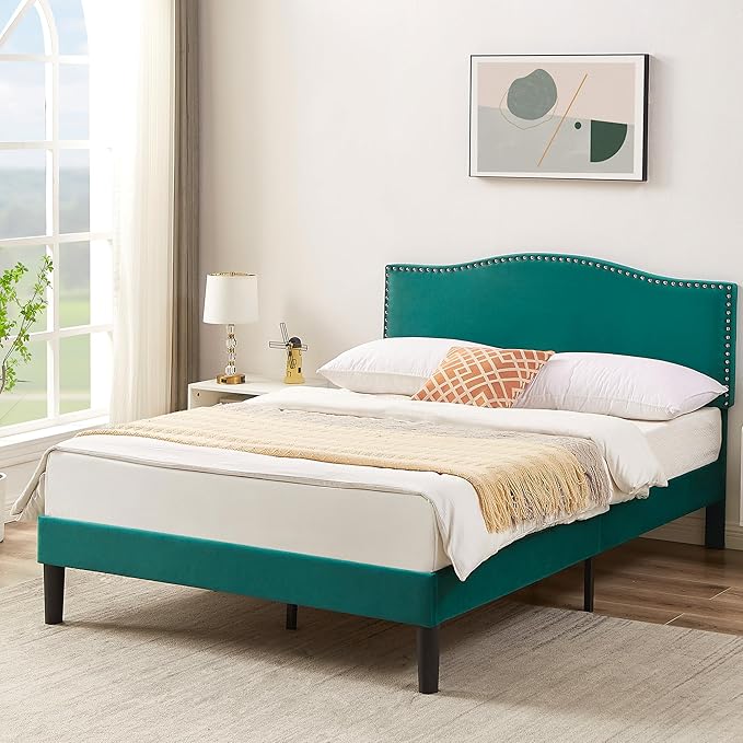 VECELO Full Bed Frame, Platform Bed Frame with Adjustable Height Upholstered Headboard, Heavy-Duty Frame and Strong Wooden Slats Support, Non-Slip and Noise-Free, Easy Assembly, Dark Green
