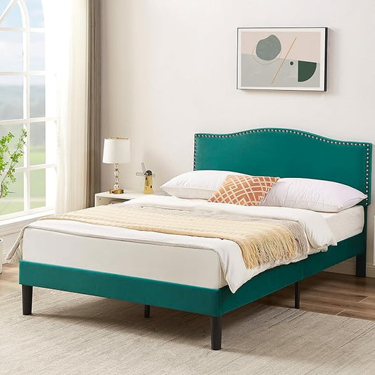 VECELO Full Bed Frame, Platform Bed Frame with Adjustable Height Upholstered Headboard, Heavy-Duty Frame and Strong Wooden Slats Support, Non-Slip and Noise-Free, Easy Assembly, Dark Green