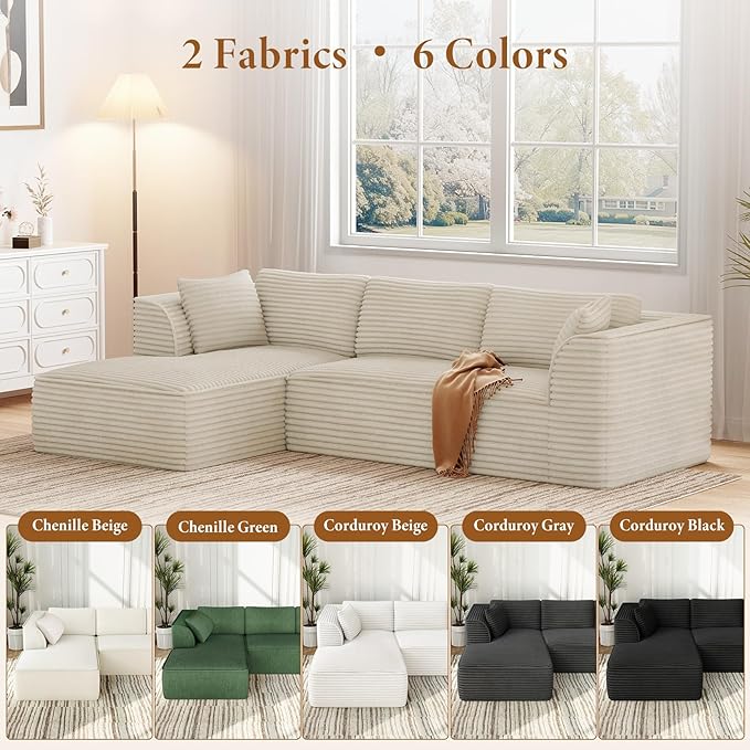Vesgantti 106" Boneless Couch with Chaise, Deep Seat Comfy Cloud Modular Sofa Corduroy Memory Foam Sectional Couches for Living Room Bedroom, No Assembly Required (Camel, Left-Facing Chaise)