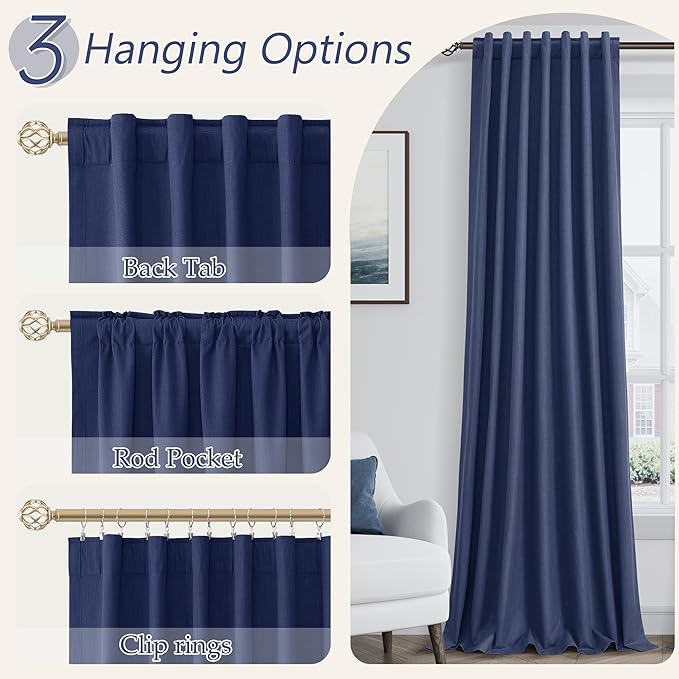 Guken Blackout Curtains 96 Inch Length 2 Panels Set for Living Room Bedroom Back Tab Thermal Insulated 100% Black Out Linen Drapes Room Darkening Window Curtains 96 Inches Long,Classic Blue