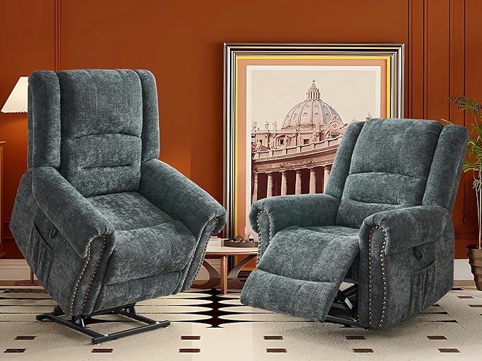 CDCASA Dual Motor Lay Flat Lift Chairs Recliners for Elderly with Massage and Heat, Upgraded Chenille Infinite Position Large Sleeping Power Lift Chair Recliner for Seniors, Set of 2,Grey Blue