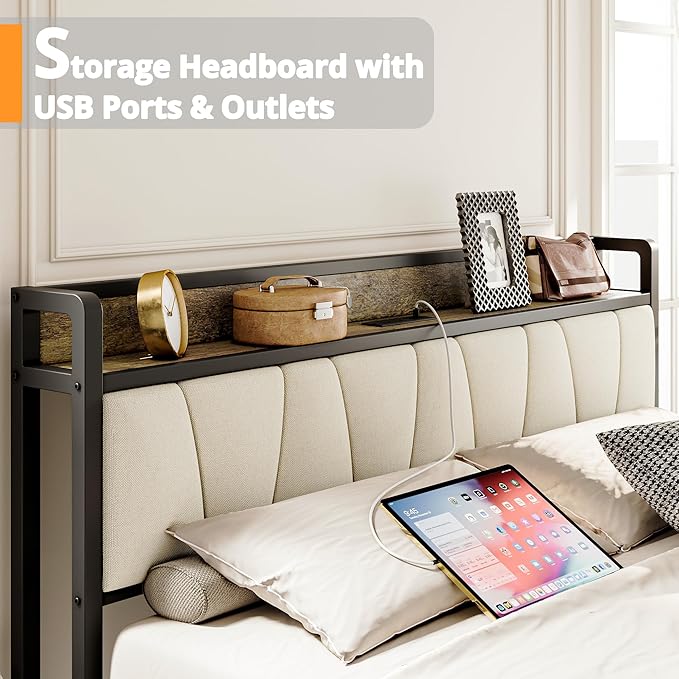 LIKIMIO King Bed Frame, Storage Headboard with Charging Station, Solid and Stable, Noise Free, No Box Spring Needed, Easy Assembly (Walnut and Beige)