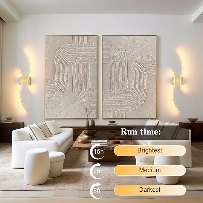 Battery Operated Wall Sconces Set of Two with Remote Control, Stepless Colors 3000K-6000K & Dimming, LED Brass Wireless Wall Light for Living Room, Hallway, Bedroom, 31.5 Inch (2 Pack)