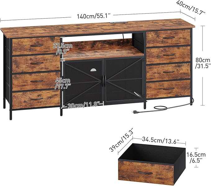 TV Stand Dresser for 65 Inch TV with Power Outlets and LED Lights, Long Dresser with 8 Fabric Drawers, Large Entertainment Center TV Console with Mesh Door for Bedroom, Rustic Brown