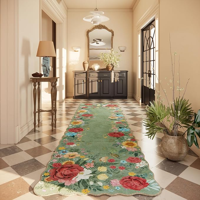Hallway Rug 2'6''x10' Long Washable Floral Hallway Runner Rug Boho Vintage Low Pile Carpet for Entryway, Laundry Room High Traffic Areas, Indoor Rug for Bathroom (Green