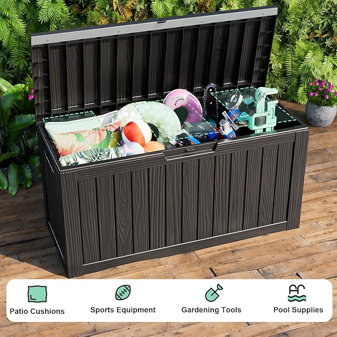 Vixzen 85 Gallon Resin Deck Box, Lockable Outdoor Storage Box for Patio Cushions Storage Furniture,Garden Tools, Pool Supplies, Weatherproof and UV Resistant,Black