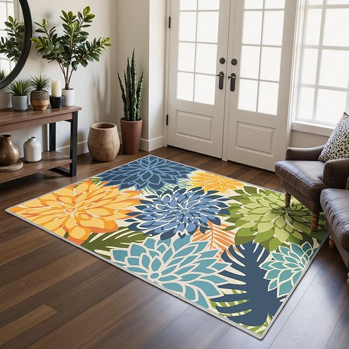 Area Rug 3x5 Yellow Green Washable Entry Rug Multicolored Tropical Botanical Modern Floral Indoor Kitchen Door Mat Entrance Carpet Non Slip for Bedroom Living Room, Porch