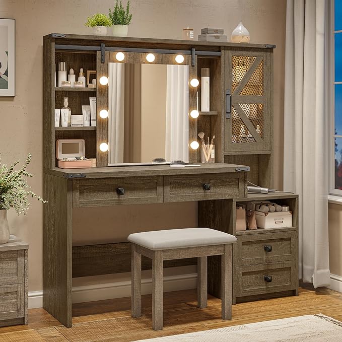 EnHomee 47.2" Farmhouse Makeup Vanity Desk with Sliding HD Mirror and Lights, Vanity Table with 4 Drawers & RGB Cabinets, Modern Lighted Vanity Table for Bedroom, Light Rustic Oak