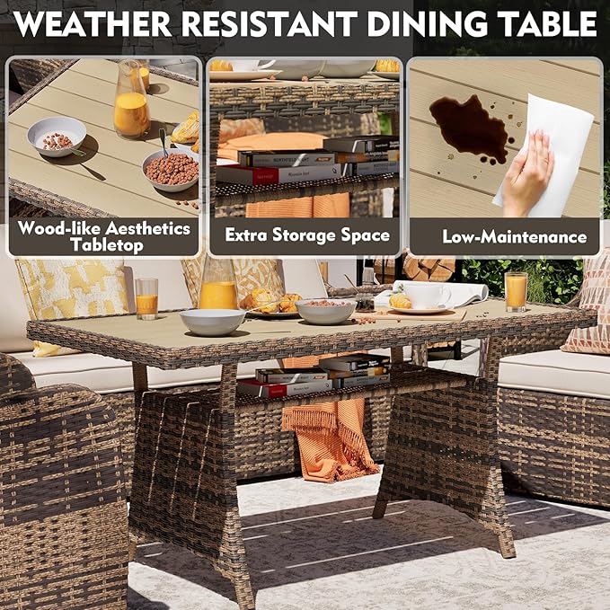 7 Pieces Outdoor Patio Furniture Set, Wicker Patio Conversation Set with Swivel Chairs, Patio Sectional Furniture Set with Loveseat, 2 Ottomans and Dining Table (Brown)