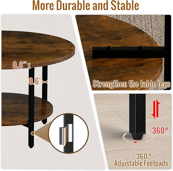 Round Coffee Table, 27.6" Circle Coffee Table for Living Room, 2-Tier Wood Accent Center Table with Open Storage Industrial Design Home Furniture, Rustic Brown