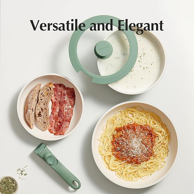 Redchef Ceramic Cookware Set, Removable Handle Pots and Pans Non-Stick, Rv Cookware Set, Non-Toxic Pots and Pans Set No PFAS, PTFE, PFOA, Detachable Pots and Pans, Dishwasher & Oven Safe (Green)