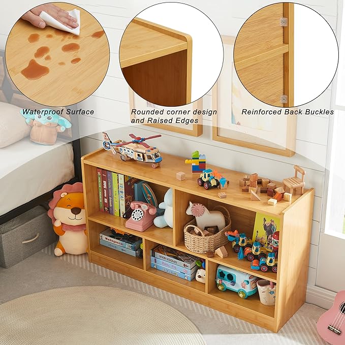 Toy Organizers and Storage, 5-Section Kids Bookshelf for Organizing Books Toys, School Classroom Wooden Storage Cabinet for Children's Room, Playroom, Nursery (Natural)