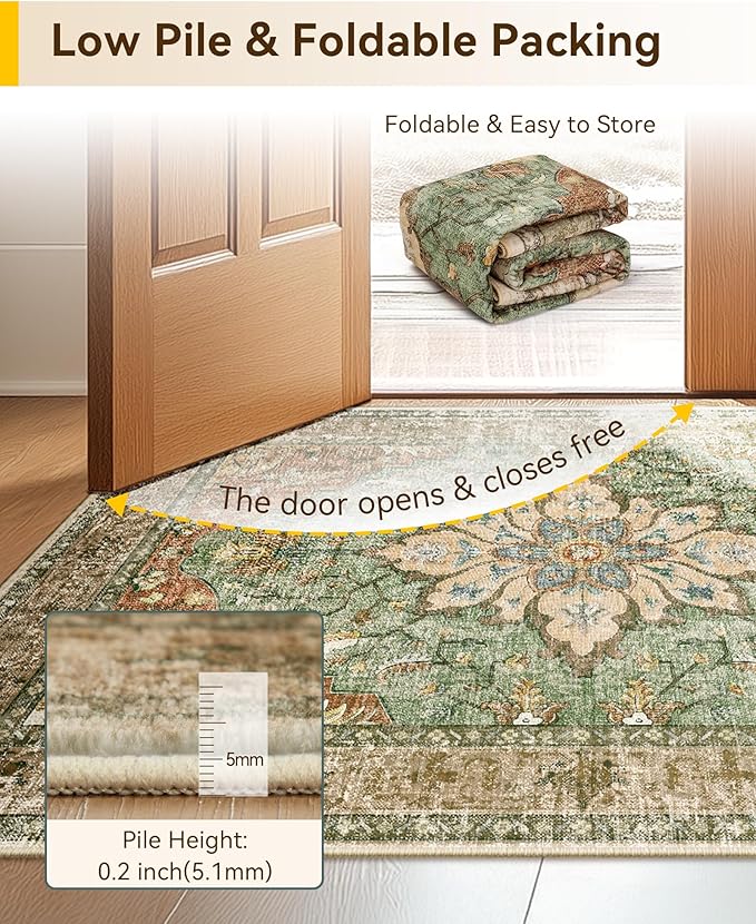 Area Rugs 2'x10' Washable Non-Slip, Floral Vintage Distress Print Pattern Medallion Carpet for Living Room Bedroom Dining Room, Brick Red Rust Neutral Brown Burnt Orange Green