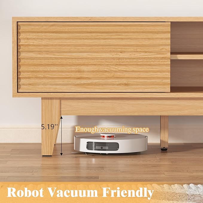 Wooden Fluted TV Stand for 55 65 70 inch TV, Long & Large TV Media Console Table with Storage Cabinets, Boho Farmhouse Entertainment Center for Living Room, Bedroom - Natural Wood