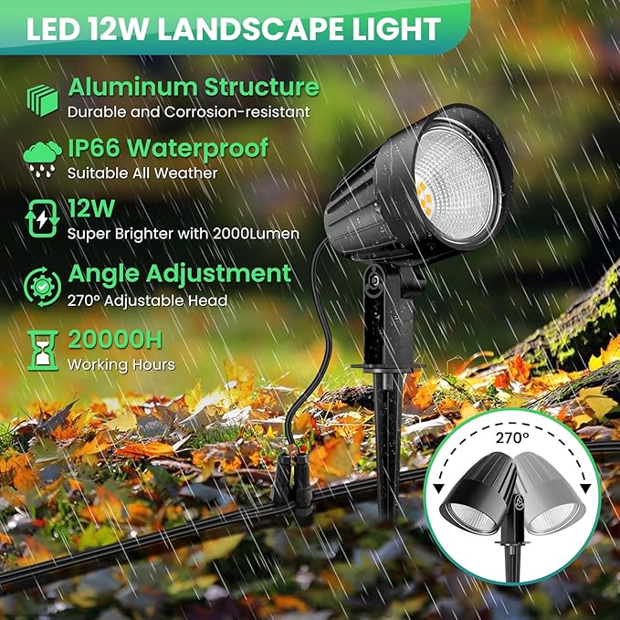 ZZXX Low Voltage Landscape Lighting 12W 1200LM Landscape Lights with Photocell Sensor, 2700K Super Warm White LED Spotlights Outdoor IP66 Waterproof AC/DC 12V-24V for Yard Garden Pathway Tree(10 Pack)