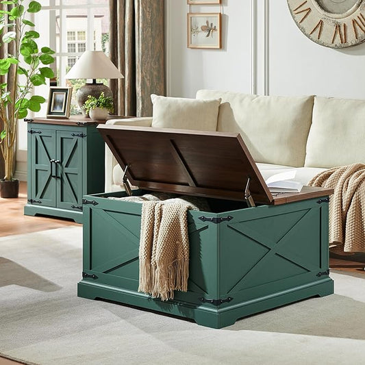 Farmhouse Square Coffee Table with Storage, Wood Center Table with Hinged Lift Top, Rustic Cocktail Table with Large Hidden Storage Compartment for Living Room, Bedroom,Green
