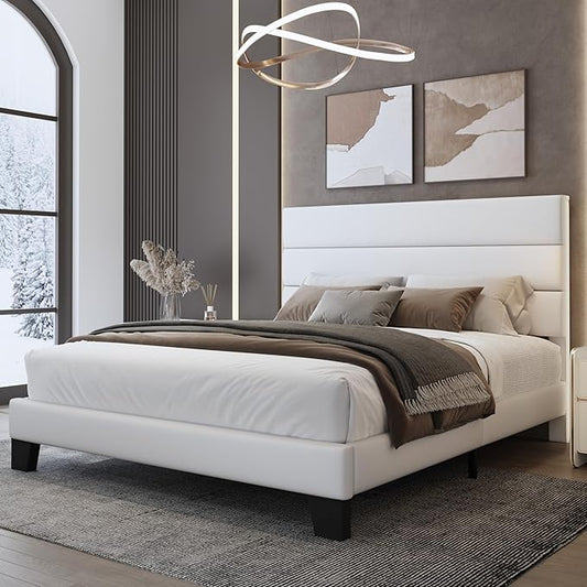 WEEWAY Full Size Bed Frame Platform Bed with Velvet Upholstered Headboard and Wooden Slats Support, Heavy Duty Mattress Foundation, No Box Spring Needed, Easy Assembly, White