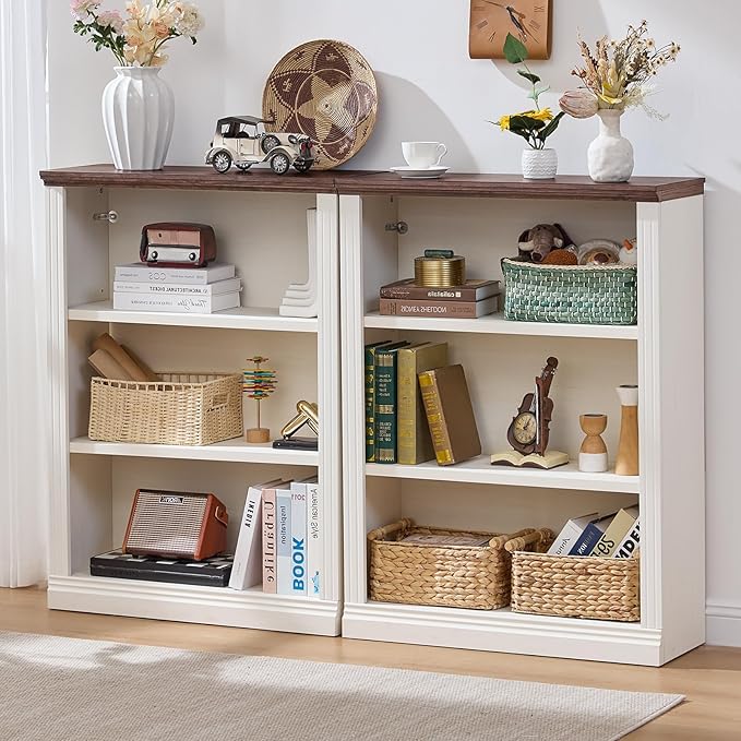 43" White Tall Bookshelf Set of 3,3-Tier Thick Wooden Book Shelf with Adjustable Shelves,Free Standing Farmhouse Bookcase with Open Display Storage,Floor Vintage Bookshelves for Living Room