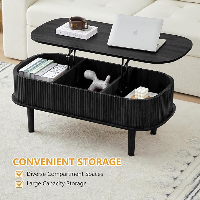 Fluted Lift Top Coffee Table with Hidden Compartment, Fully Assembled Wooden Center Table, Modern Oval Lift Tabletop for Home Living Room Office, Black