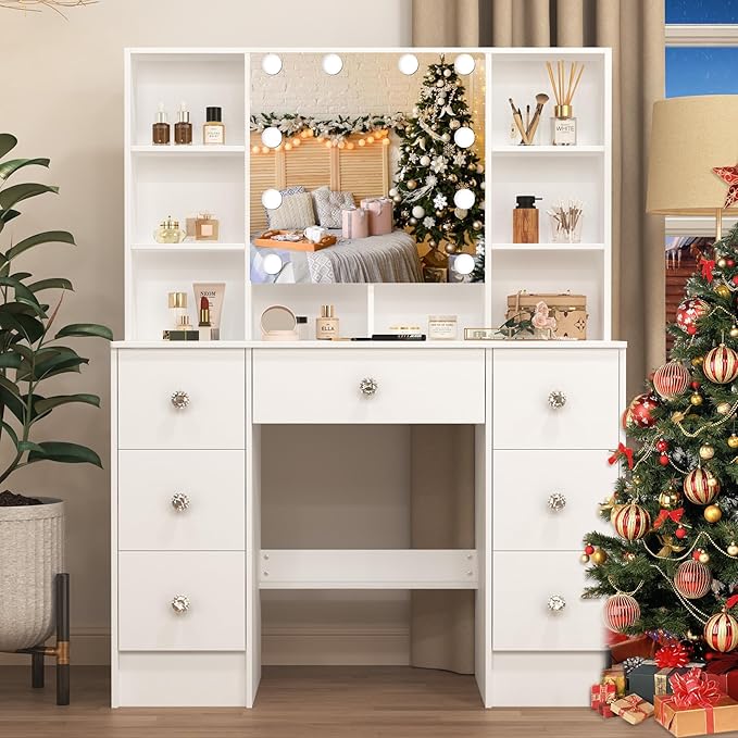 Large Vanity Table, Makeup Vanity with Mirror and Lights, 7 Drawers 8 Open Shelves, Hollywod Vanity Table for Girls and Women,100 * 40 * 140cm, Modern White
