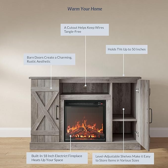BELLEZE 47" TV Stand with 18" Electric Fireplace Heater & Media Entertainment Center Console Table for TV up to 50" with Open Storage Shelves & Cabinets - Veropeso (Grey Wash)
