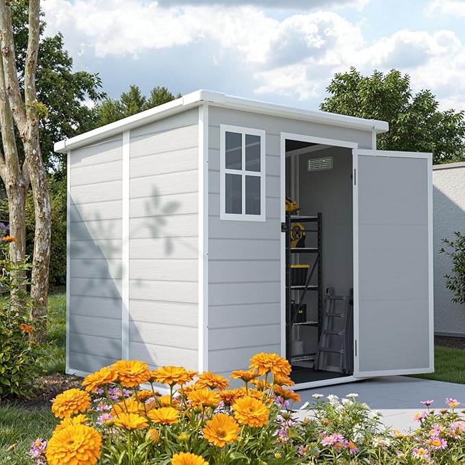 6' x 6' Resin Storage Shed Outdoor, PP Material & Strong Structure for All Weather, Plastic Garden Shed w/Window for Garden, Backyard, Poolside and Lawn, 12mm Thick PP Board - Grey