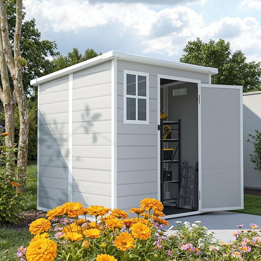 6' x 6' Resin Storage Shed Outdoor, PP Material & Strong Structure for All Weather, Plastic Garden Shed w/Window for Garden, Backyard, Poolside and Lawn, 12mm Thick PP Board - Grey