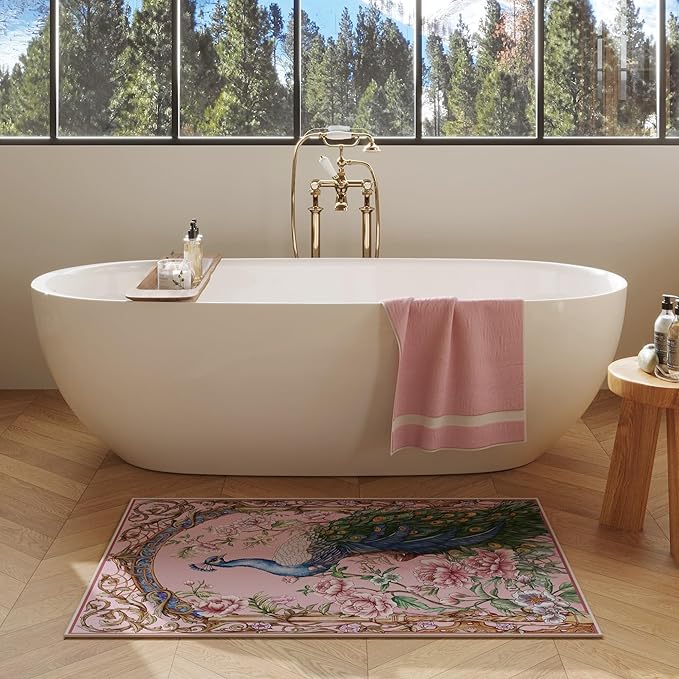 Door Mat Indoor Entrance 2x3 Rug Machine Washable Floral Peacock Animal Small Area Rug Non-Slip Low Pile Throw Rugs for Entryway, Kitchen, Front Door, Entry, Kids Room (Pink)