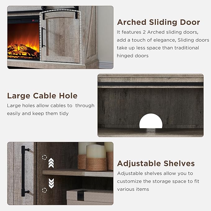 OKD Farmhouse Fireplace TV Stand for 70 Inch TV, 33" Tall Highboy Entertainment Center w/Electric Fireplace, Rustic Media Console w/Sliding Arched Door for Living Room,Light Rustic Oak