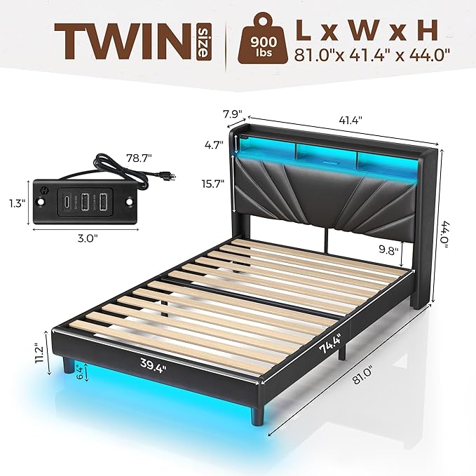 Rolanstar Twin Size Bed Frame, Storage Headboard with Charging Station and LED Lights, Upholstered Bed with Heavy Duty Wood Slats, No Box Spring Needed, Noise Free, Easy Assembly, Black