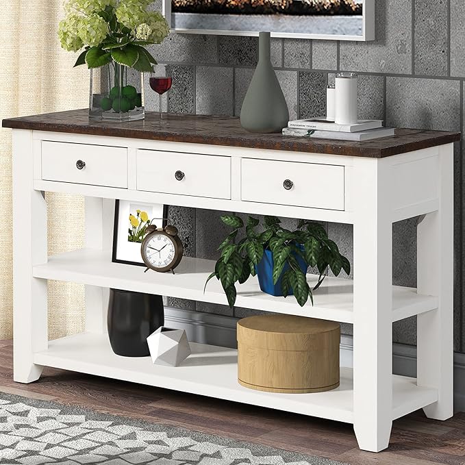 Knocbel Farmhouse Entryway Long Console Table with 3 Storage Drawers and Bottom Open Shelves, Entry Hallway Foyer Sofa Table with Handles, 29.9" H x 48.8" W x 15.8" D (Antique White and Brown)