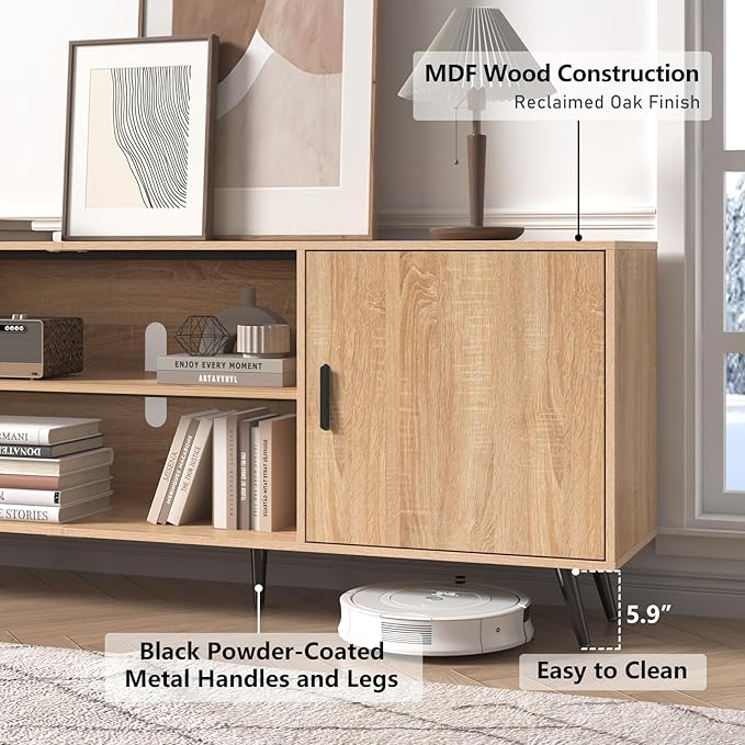 AUXSOUL 80 Inch Mid Century Modern TV Stand for 75 Inch TV, Wood TV Stand with Storage, Entertainment Center for Living Room Bedroom, TV Media Console, Oak