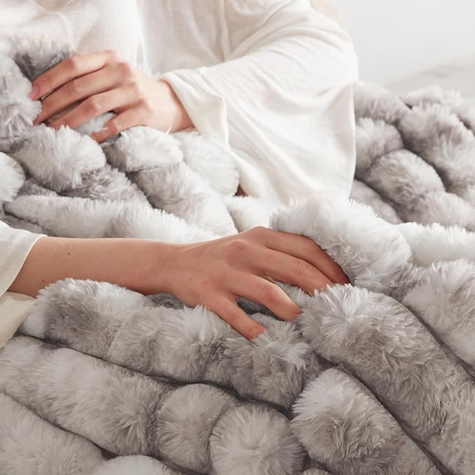 Faux Fur Throw Blanket for Couch, Cozy Warm Plush Striped Blanket for Sofa Bedroom Living Room, 50x60 Inches Taupe