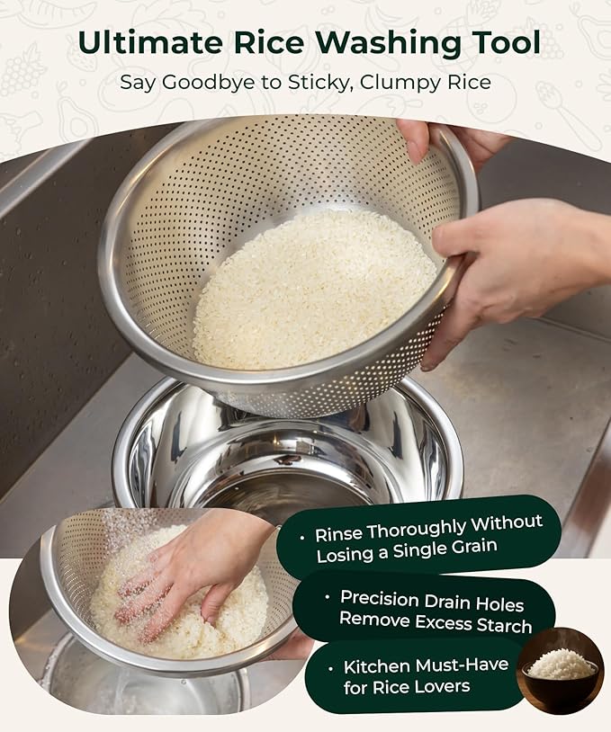 Enther Stainless Steel Colander Set with Lid - Set of 3 Rice Strainer Bowls, 2.6, 3.2, 4QT - Durable Mesh Filter, Nestable Design for Washing Vegetables, Fruit and Rice and for Draining Cooked Pasta