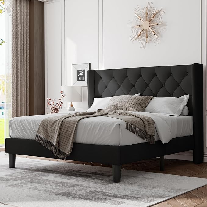 Feonase Queen Bed Frame with Upholstered Wingback Headboard, Platform Bed and Heavy Duty Wooden Slats Support, Easy Assembly, Noise-Free, No Box Spring Needed, Black