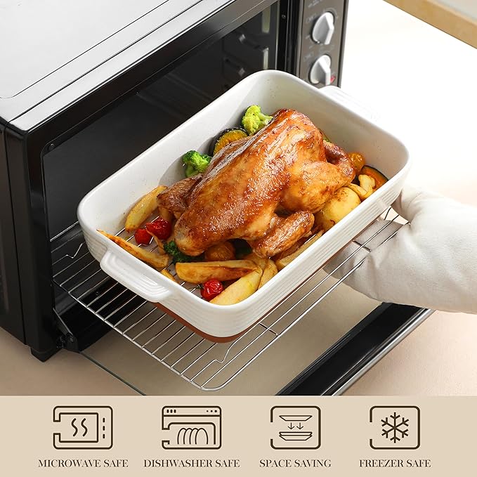 MALACASA Baking Dish with Rack, 4.8 Qt Ceramic Roasting Pan with Stainless Steel Drip Rack, 9x13 Inch Deep Casserole Dish with Handles, Oven Safe Lasagna Pan for Baking & Serving (Khaki & White) - Series Tara