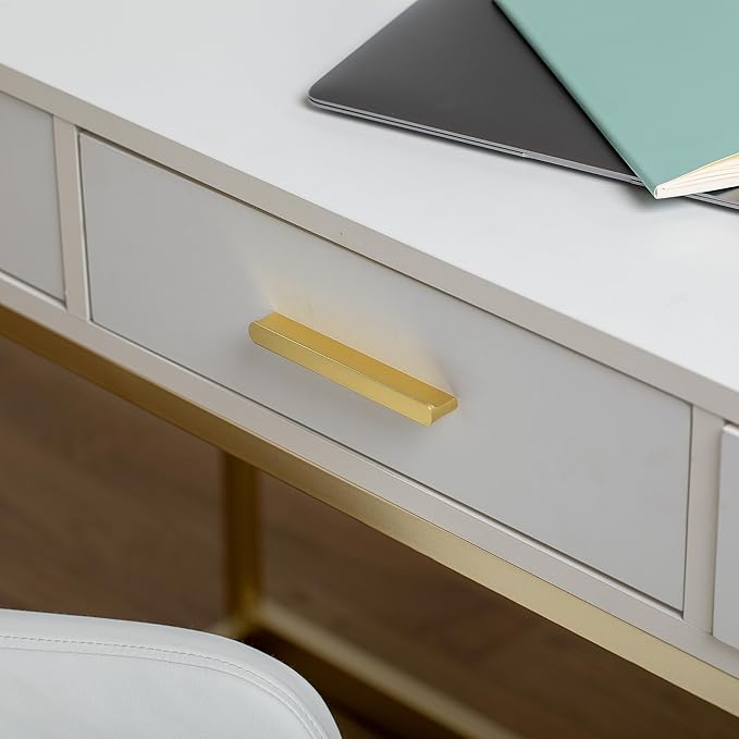 Martha Stewart Ollie Home Office Desk with 3 Drawers in White with Polished Brass Hardware