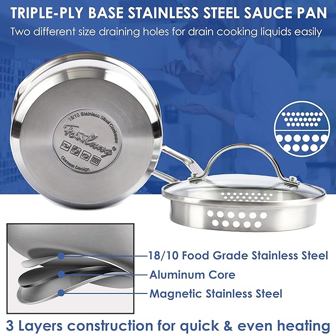 Stainless Steel Saucepan with Glass Lid, Multipurpose 1.5 Quart Sauce pan Sauce Pot with Straining Cover & Pour Spouts for Boiling Milk, Sauce, Gravies, Pasta, Noodles
